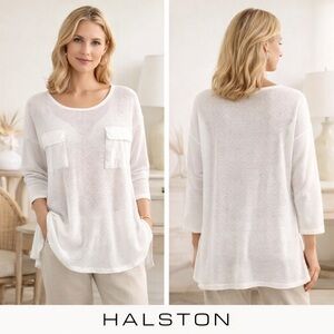 Vintage Halston III White Mesh Pocket Top Textured Boho Tunic Made USA,Size Lg